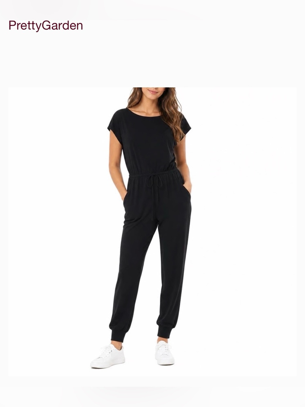 PrettyGarden Black Short-Sleeve Drawstring Jogger Jumpsuit